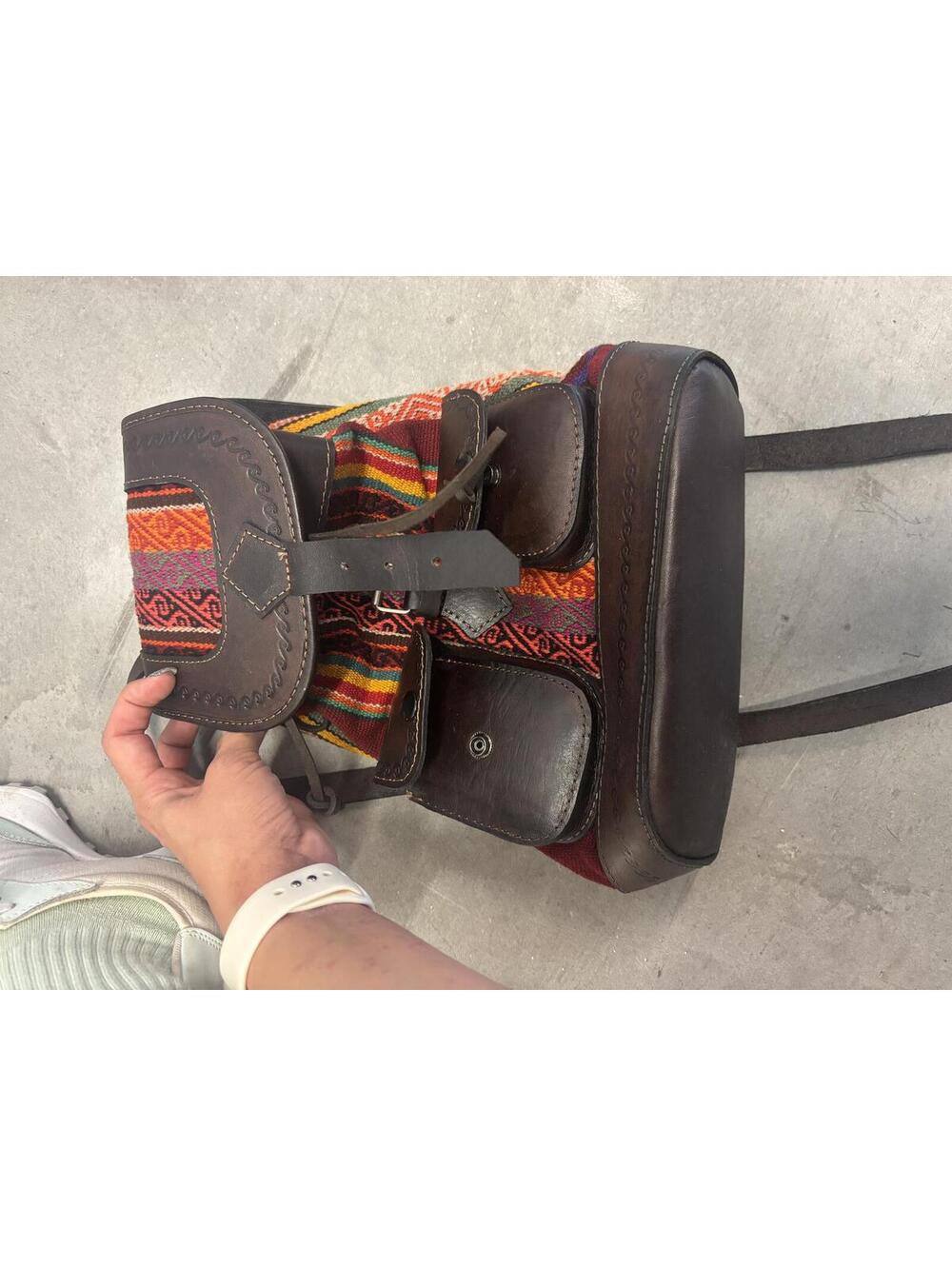 Bohemian Artisanal Style Leather and Woven Fabric Backpack from Bolivia